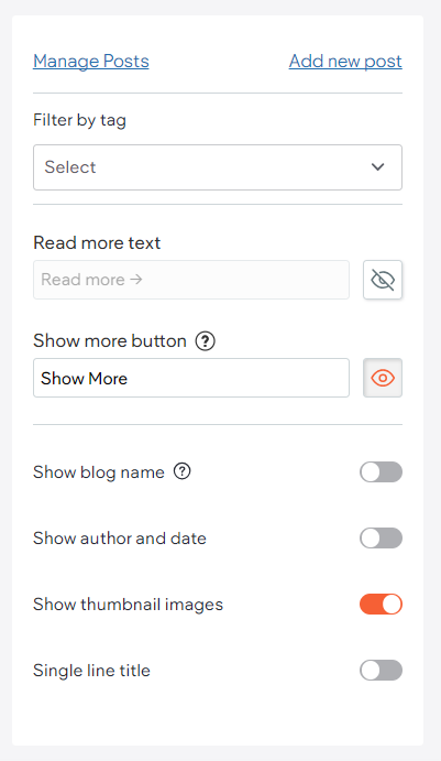 El menú contextual del widget Todas las publicaciones está abierto con el interruptor Mostrar imágenes en miniatura activado.