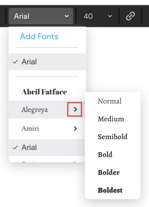 Lista de fontes com uma selecionada e exibindo todas as espessuras de fonte disponíveis.