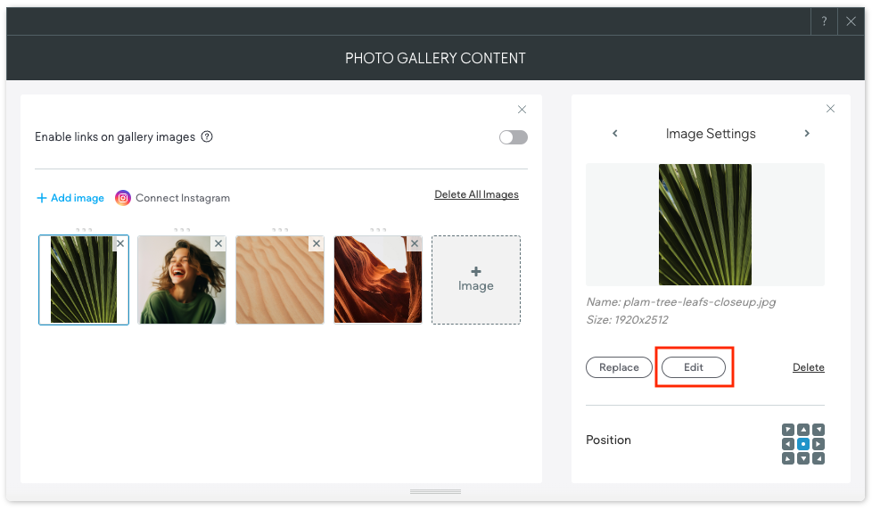 Widget de galería de fotos con el selector de imágenes abierto. El botón de edición está delineado con un contorno rojo.