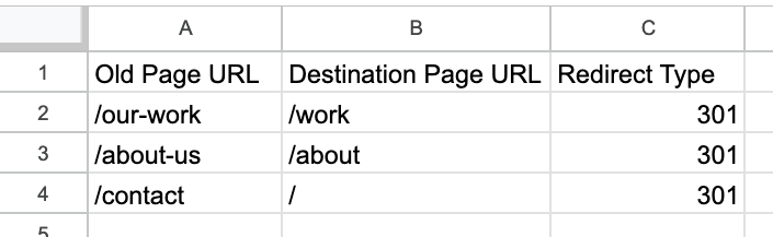 Esempio di file CSV con righe per l'URL della vecchia pagina, l'URL della pagina di destinazione e il tipo di reindirizzamento.