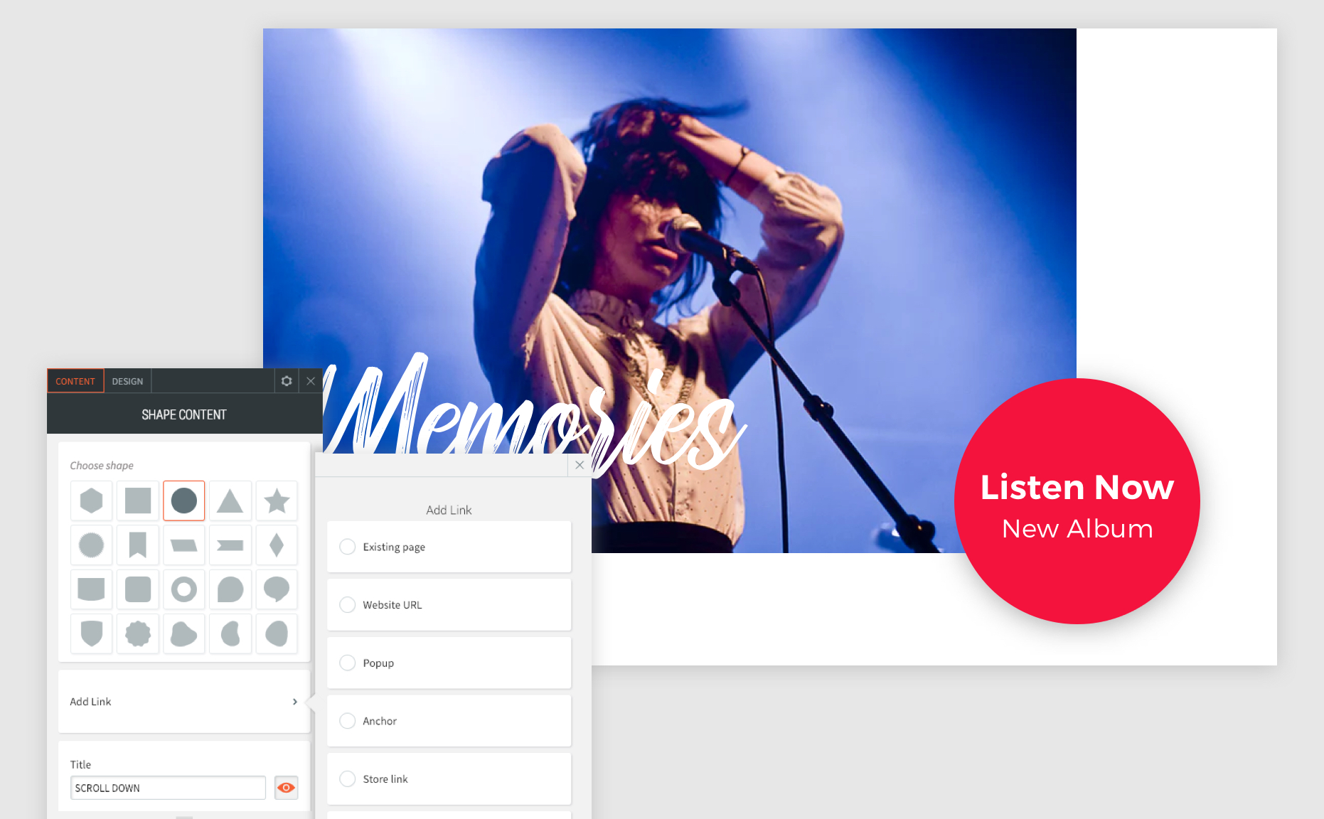 Il menu contestuale del widget Forma è aperto con il cerchio selezionato per mostrare che si può usare una forma come pulsante