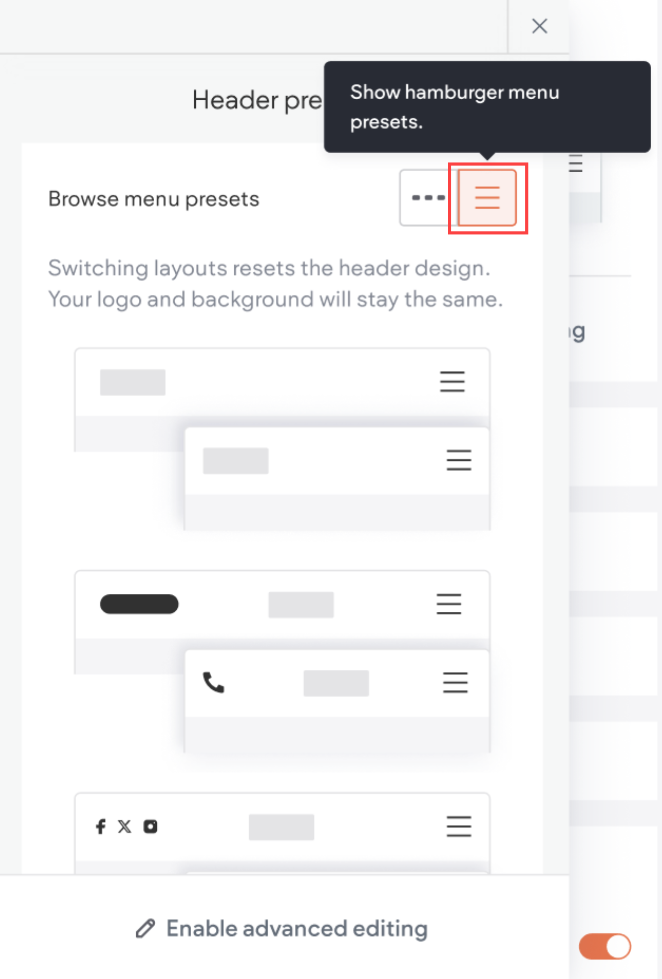 Il menu dei preset dell'intestazione è aperto con i preset hamburger selezionati