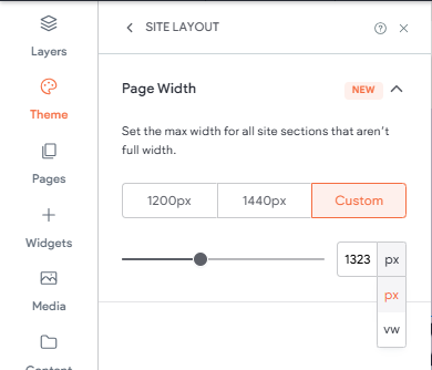 Seite mit einem Abschnitt, in dem die Schaltfläche für jede der voreingestellten Breiten angezeigt wird. Darunter befindet sich ein Schieberegler und ein Dropdown-Menü, mit dem Sie entweder px oder vw auswählen können
