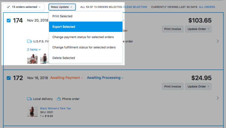 O menu de atualização em massa está aberto e a opção Exportar Selecionado está selecionada.