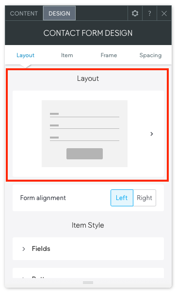 O menu de design do widget do formulário de contato está aberto. A seção em que você pode usar as setas para selecionar um layout está destacada em vermelho.