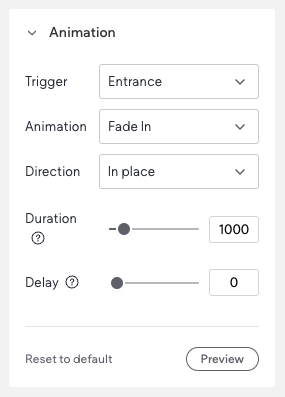 Painel para um widget aberto para a seção de animação. As configurações de animação disponíveis estão listadas.